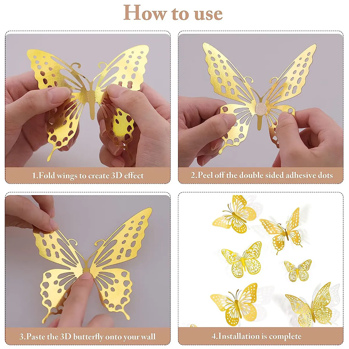 48pcs 3D 나비 벽 장식 4 스타일 3 크기, 나비 생일 파티 케이크 룸 장식에 대 한 골드 나비 장식