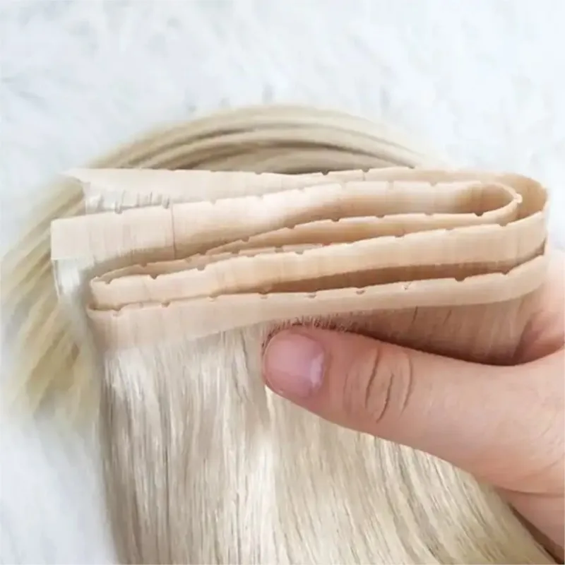 Trama de cabelo invisível pu com furo, cabelo humano, abas duplas, fita longa injetada, trama plana pu, sem cola, extensões de trama com furo microlink