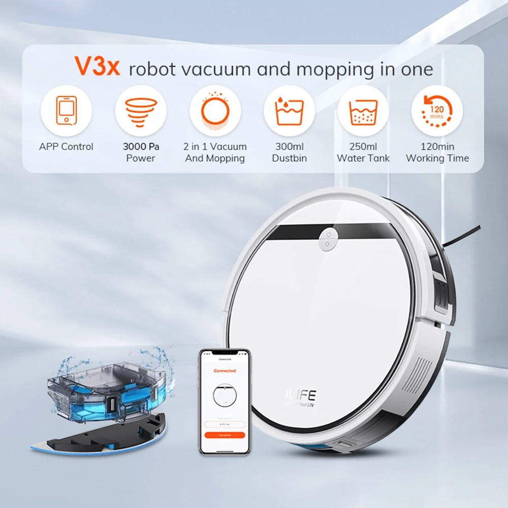 ILIFE V3X Roboterstaubsauger, 2-in-1-Staubsauger und Wischen, 3000 Pa Saugkraft, 300-ml-Mülleimer, 2900-mAh-Akku, App-/Sprachsteuerung