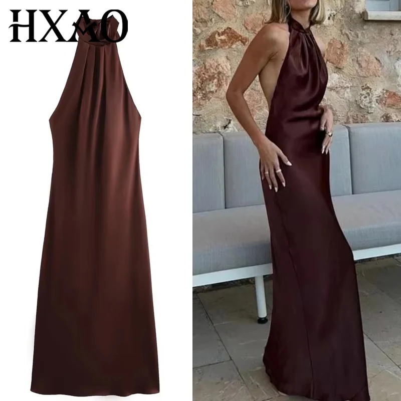 HXAO Halter Satin Long Dress Women Tied Backless Brown Midi Dress Summer Off Shoulder Party Dresses Pleated Evening Dress