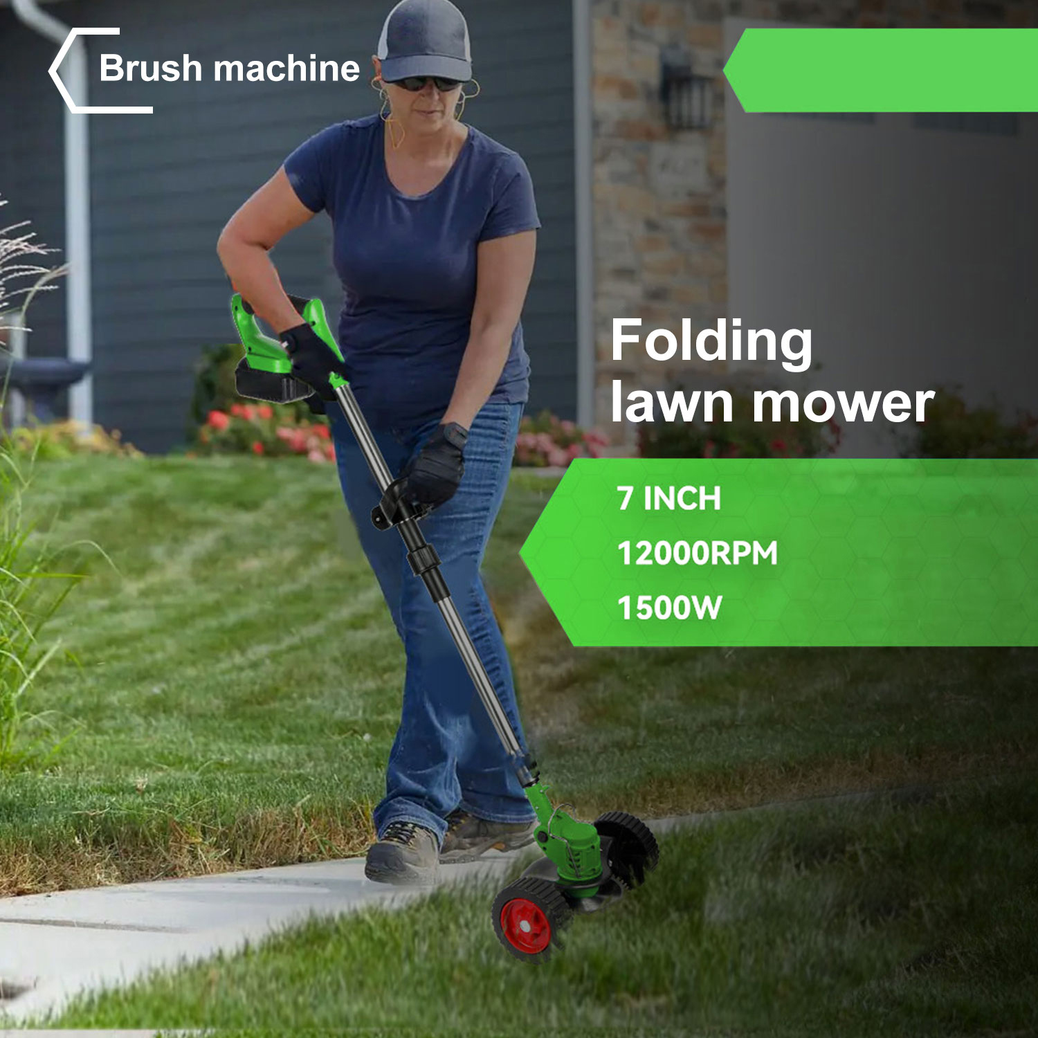 Cortadora de césped eléctrica inalámbrica de 1500W, cortadora de césped ajustable plegable de mano de 12000 RPM, herramienta de jardín para batería de 18-21V