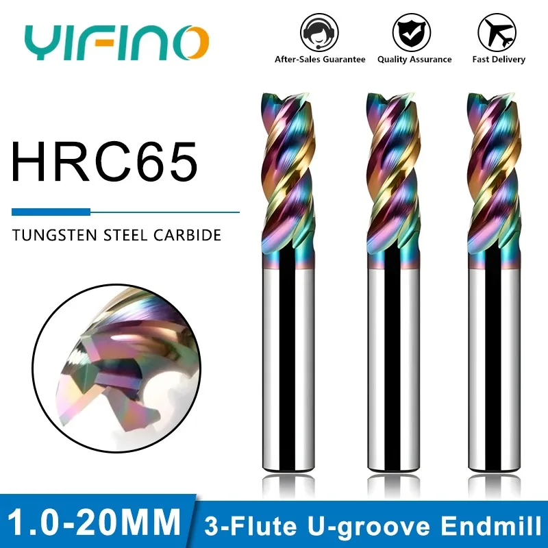 YIFINO HRC65-fresa de carburo de tungsteno de acero con revestimiento colorido, herramienta especial de corte de fresado con ranura en U de 3 ranuras, maquinaria CNC de aluminio