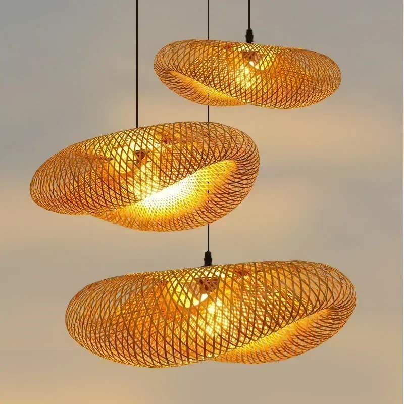 Bambus Hand Weben Pendelleuchten 40/60/80 cm Hängende LED Deckenleuchte Kronleuchter Leuchte Rattan Handarbeit Gewebt Schlafzimmer Dekor
