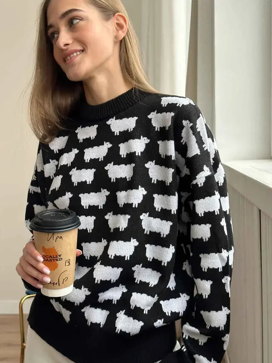 Bornladies-suéter con estampado de Alpaca y cuello redondo para mujer, suéter Retro holgado informal de longitud media, Jersey cálido para otoño e invierno