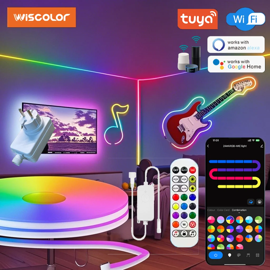 WISCOLOR Taśma neonowa LED WIFI silikonowe wodoodporne sterowanie głosowe z synchronizacją muzyki, obsługa inteligentnego sterowania APP Life/TUYA/Alexa do dekoracji zewnętrznych sklepów domowych