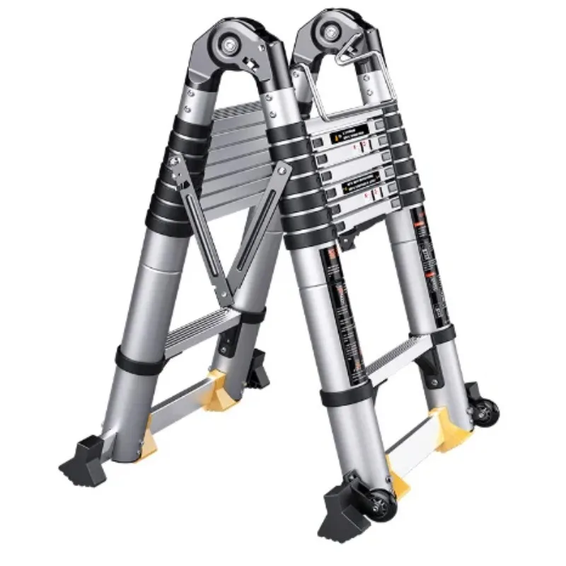 Escalera de extensión telescópica moderna de acero inoxidable de 1,4 m + 1,4 m, diseño de espiga plegable portátil para uso doméstico
