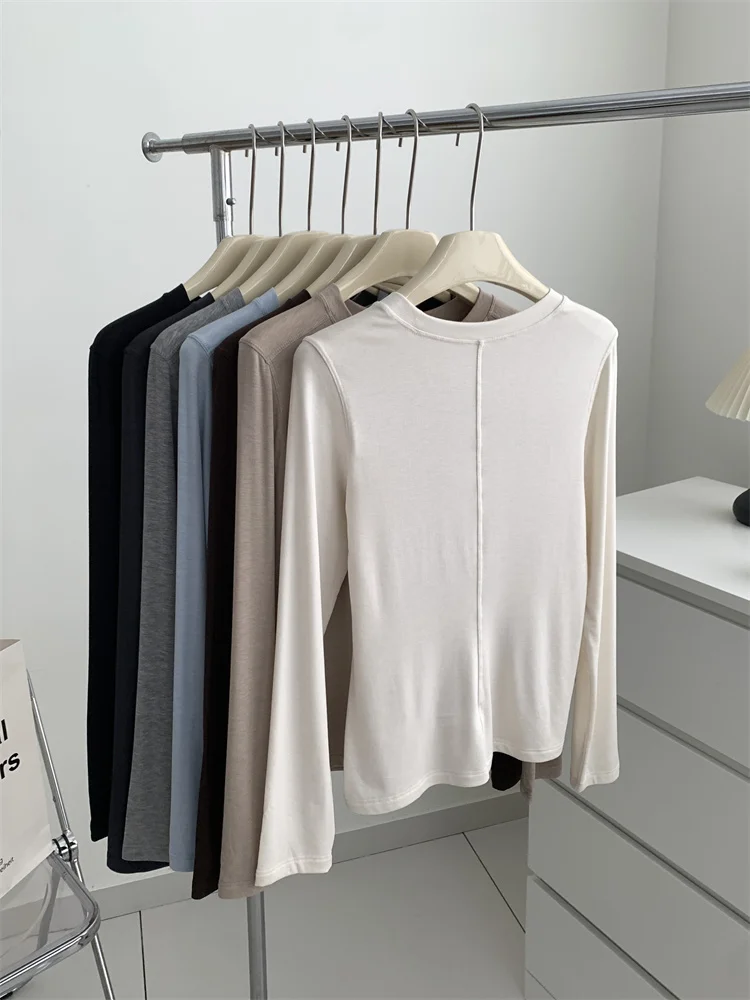 Seide Wolle Splice Langarm T-shirt Frauen Frühling Sommer Dünne Weiche Wachsartige Passform Einfarbig Backing Top