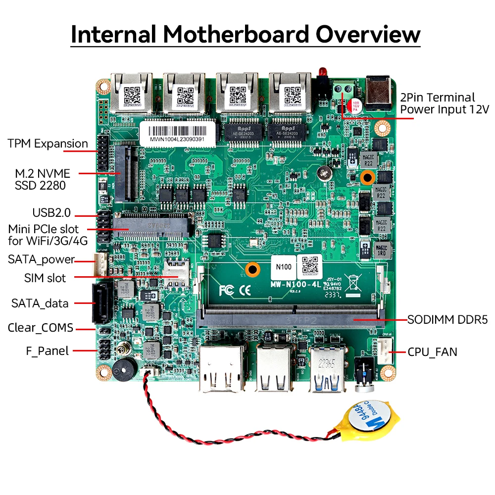 Mini PC de Firewall Pfsense, N100, DDR5, M.2, NVMe, SSD, 4x, Intel, Ethenret, i225V, i226V, Windows, Linux, X86, Soft Router, Suporte 4G LTE, WiFi