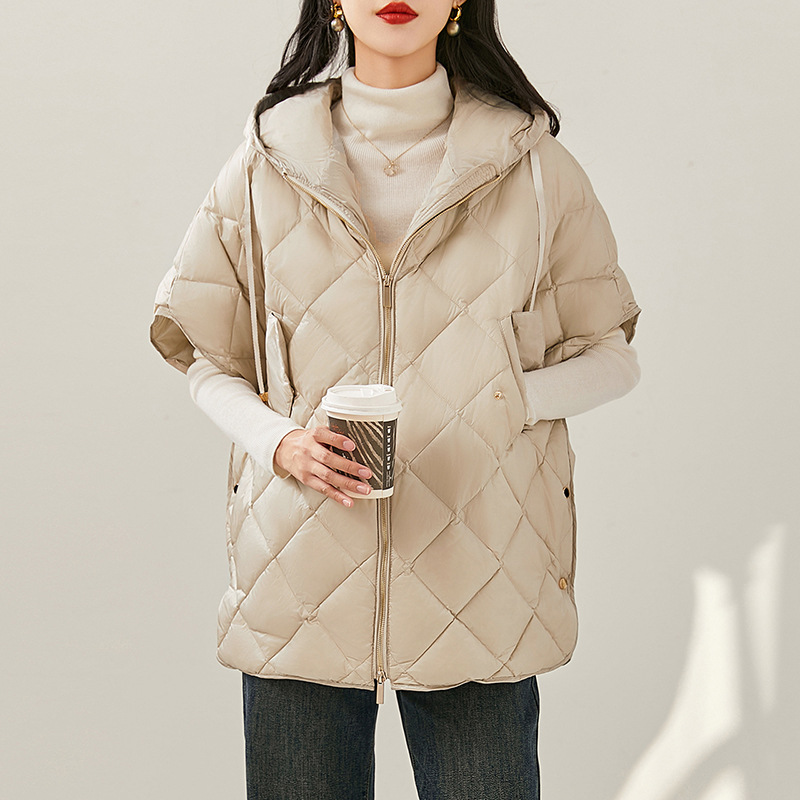 Schinteon Vrouwen 90% Witte Eendendons Onregelmatig Vest met Kap Losse Mouwloze Jas Effen Modieuze Herfst Winter Top 2025