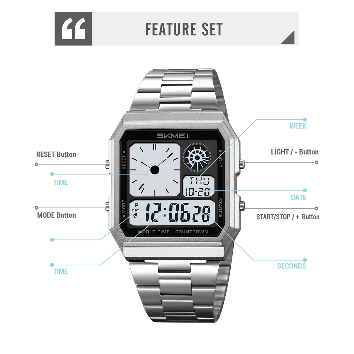 Reloj electrónico Digital SKMEI World Time para Hombre y mujer, relojes de pulsera con tira de acero inoxidable resistentes al agua para deportes al aire libre, Reloj para Hombre