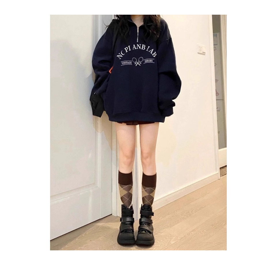 American Sle Retro Polo Collar Sweatshirt Jacket Women's New Early Autumn Oversize Small Size Long Sleeve Top