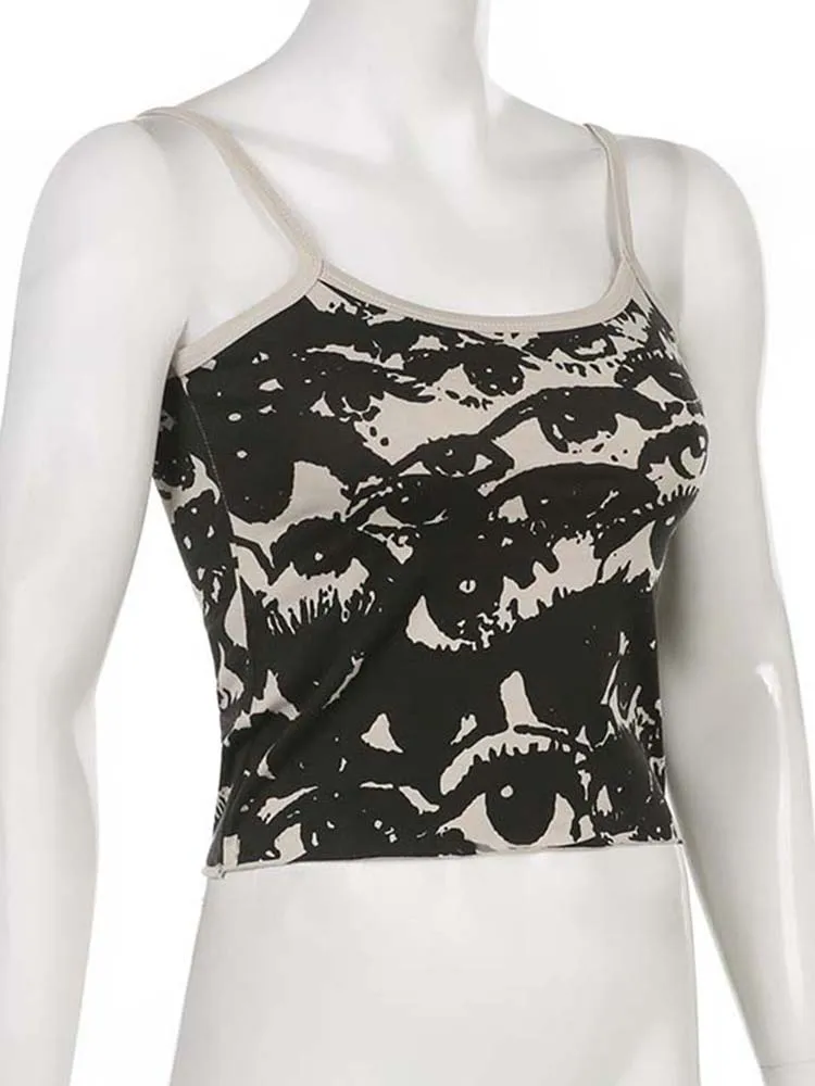 Camiseta gótica com estampa de retrato, estética y2k, tops curtos, colete de manga curta, harajuku, streetwear, suspensórios brancos, roupas femininas