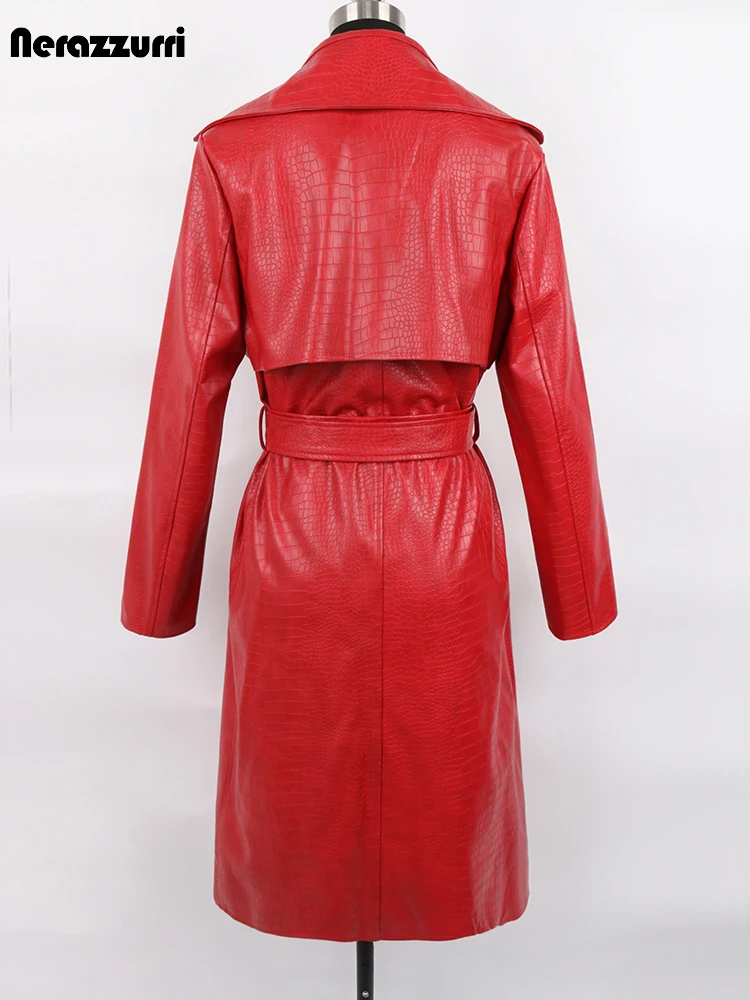 Casaco de couro com estampa nerazzurri-crocodilo para mulheres, impermeável impermeável com cinto, longo e solto, vermelho, trespassado duplo, moda, outono
