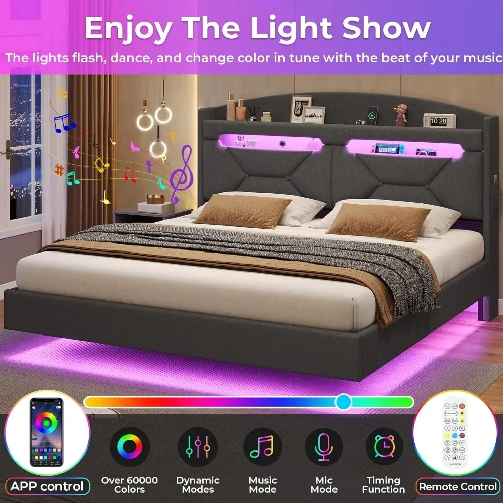 King Size Bed Frame with Type-C Charging Station& Hidden Storage Headboard, RGB Floating Platform Bed Frame