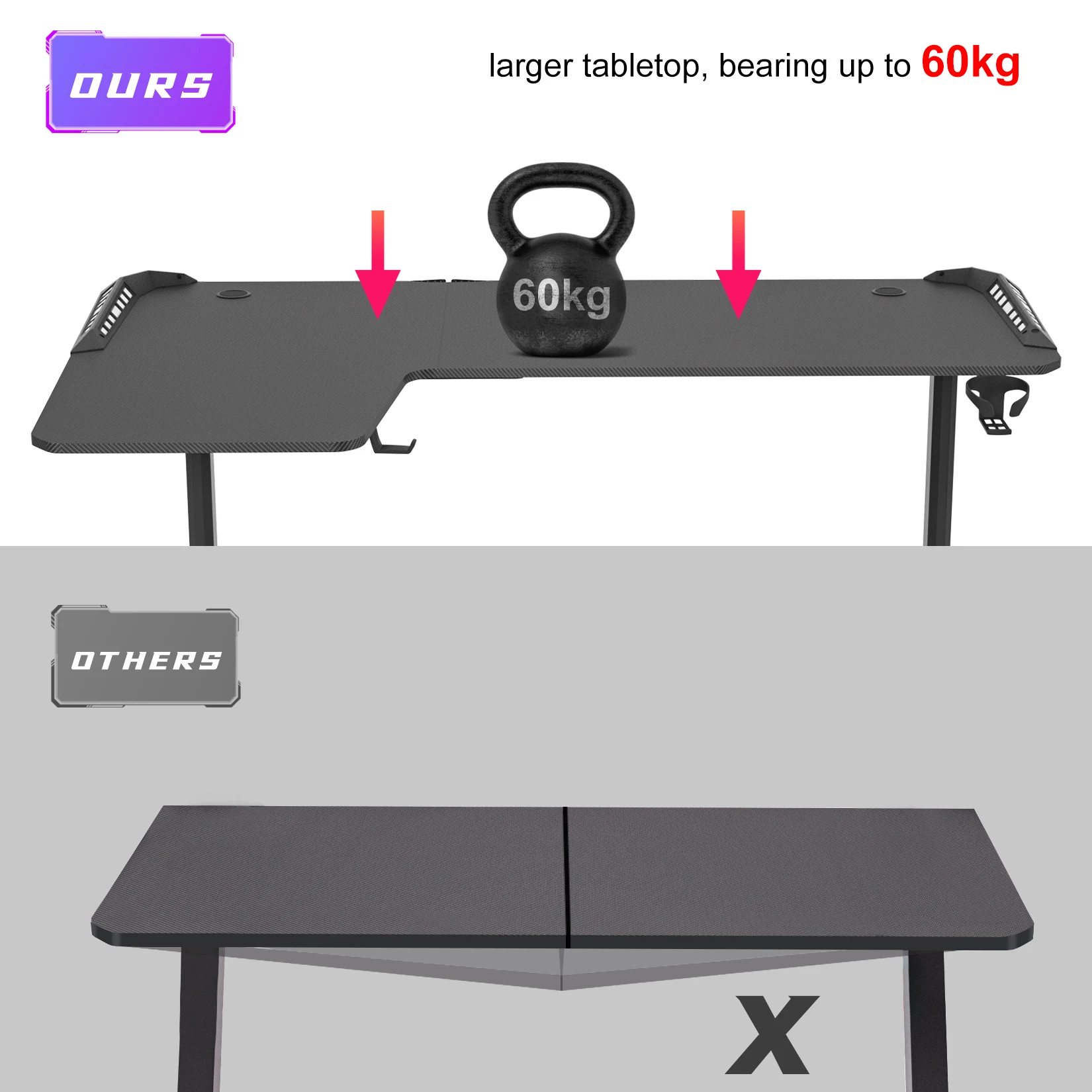 L-förmiger Computer-Gaming-Schreibtisch, RGB-LED-beleuchteter Tisch mit Kopfhörerhaken und Getränkehalter
