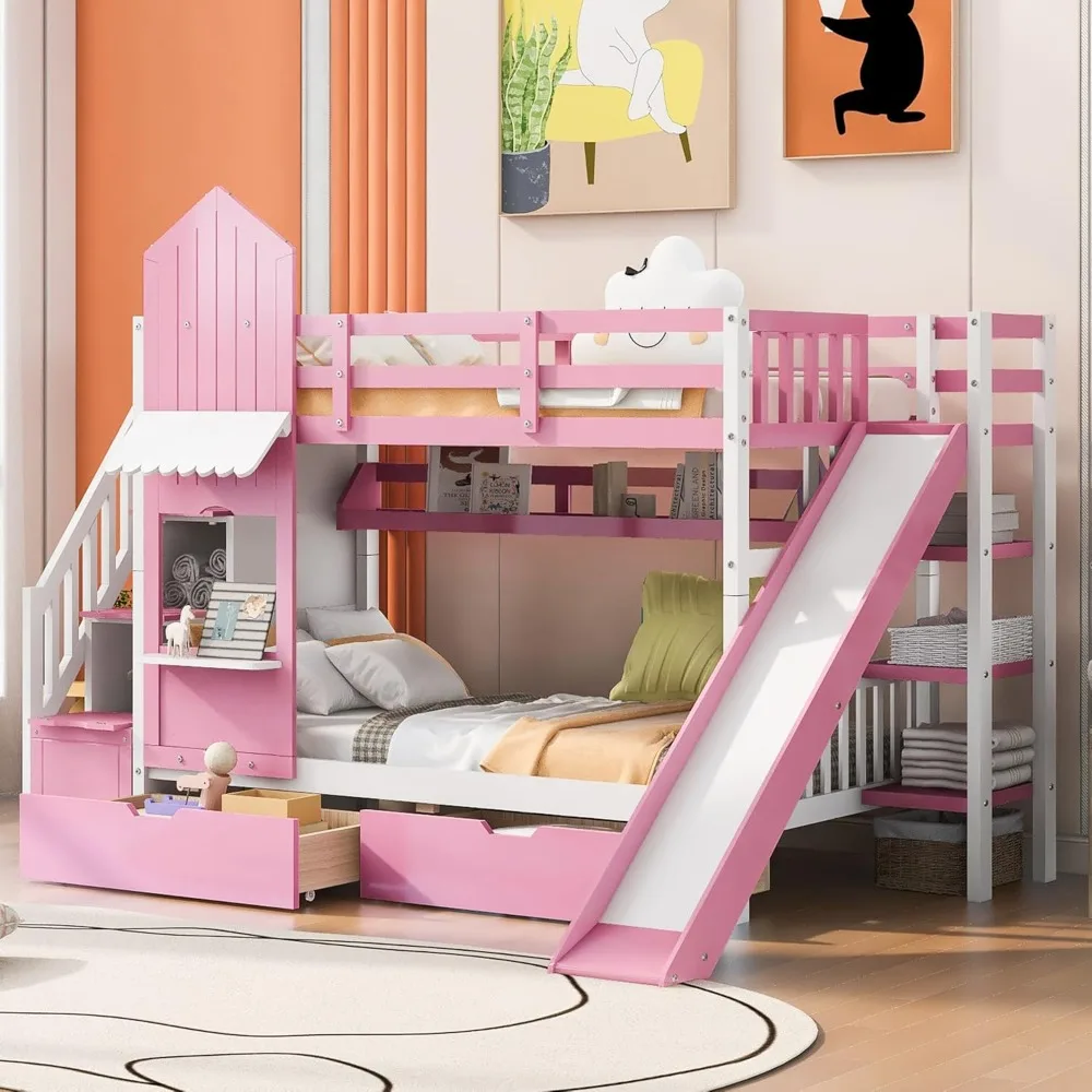 Twin Over Twin Bunk Bed with Storage and Drawers for Kids Boys Girls Solid Wood Bunk Bed with Slide and Staircase