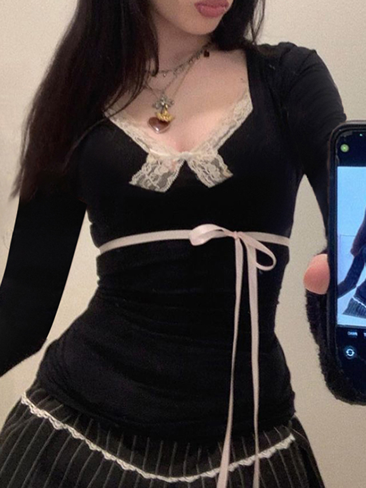 IAMSURE 甘いかわいい包帯 Tシャツスリムディープ V ネックレーストリム長袖 Tシャツ女性 2023 秋春のファッションストリート女性