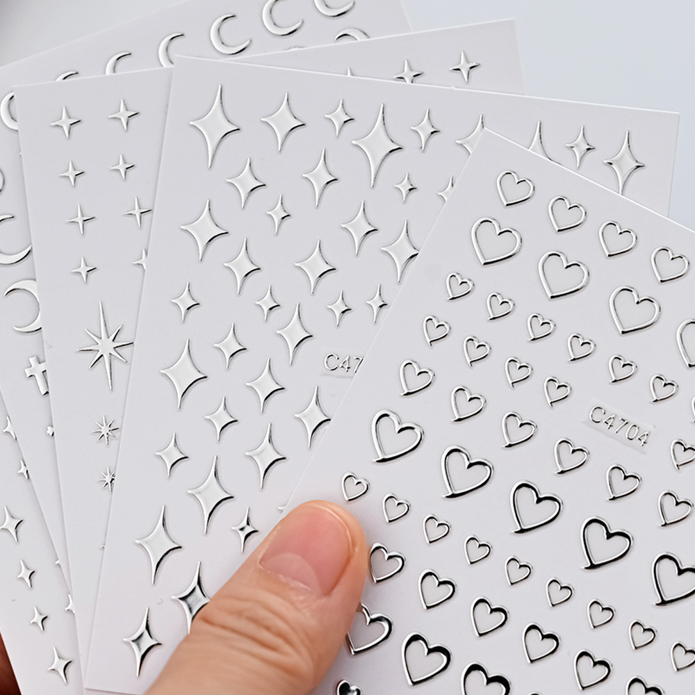 6 ชิ้น/เซ็ตโลหะ Silver Star/หัวใจ/ดวงจันทร์ 3D สติ๊กเกอร์เล็บ 8*10 ซม.Hollow Love/Cross Self-Adhesive Slider หรูหราเล็บ Decals