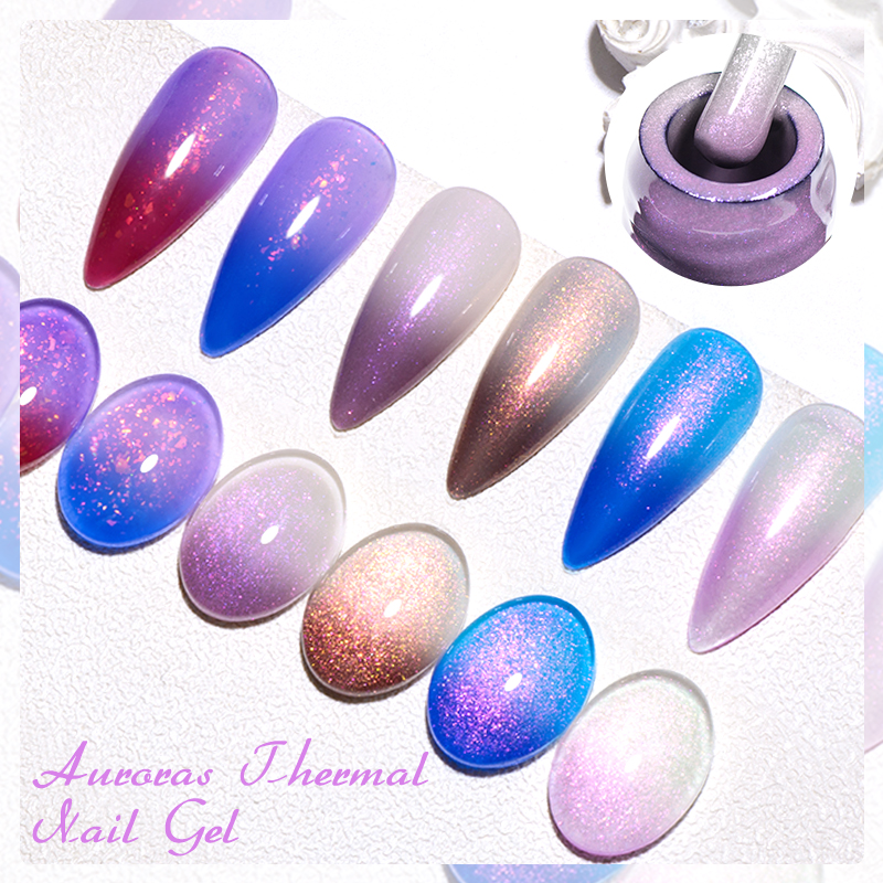 Esmalte de uñas de Gel térmico Auroras, barniz de Gel semipermanente que cambia de Color con brillo desnudo púrpura y temperatura brillante, 7ml