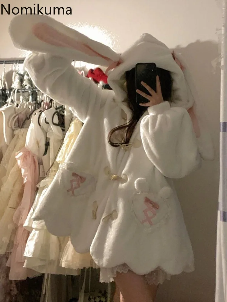 Winterkleidung, süße Jacken für Damen, Hasenohren, mit Kapuze, Lammwolle, Oberbekleidung, übergroße Oberteile, dick, modische Y2K-Kawaii-Mäntel