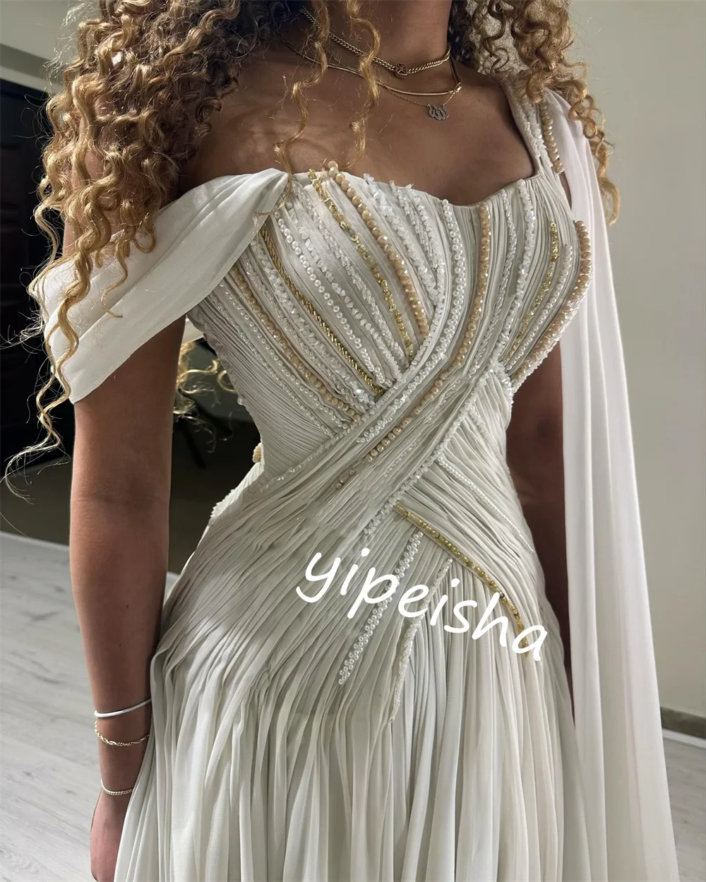 ที่กําหนดเอง Sparkle ประณีต JERSEY Beading Draped หมั้น A-Line Off-the-shoulder Bespoke โอกาสชุดยาวชุด