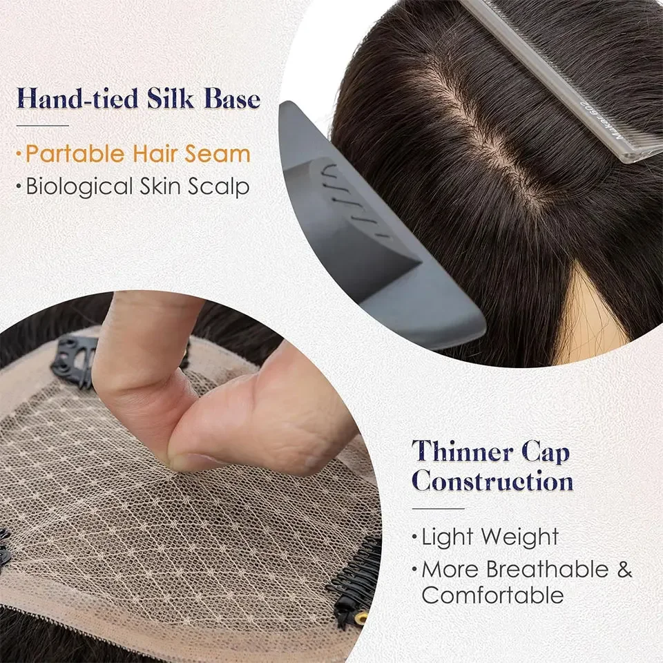 Base de pele cabelo humano topper com franja para mulheres marrom peruca peças de cabelo base de seda respirável clipe na extensão do cabelo topper