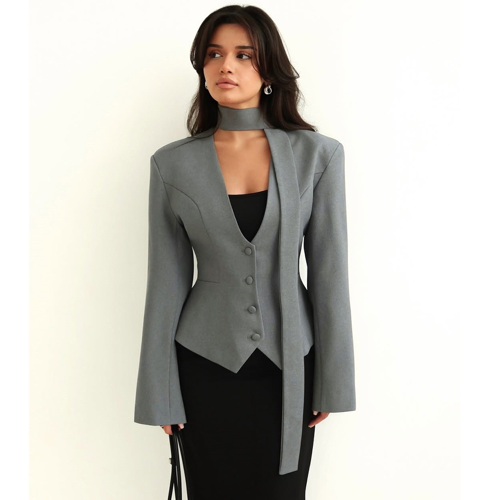 Tuularose único breasted casaco feminino com decote em v cachecol com manga longa cintura-entretendo blazer jaqueta senhora casual fino casaco de viagem