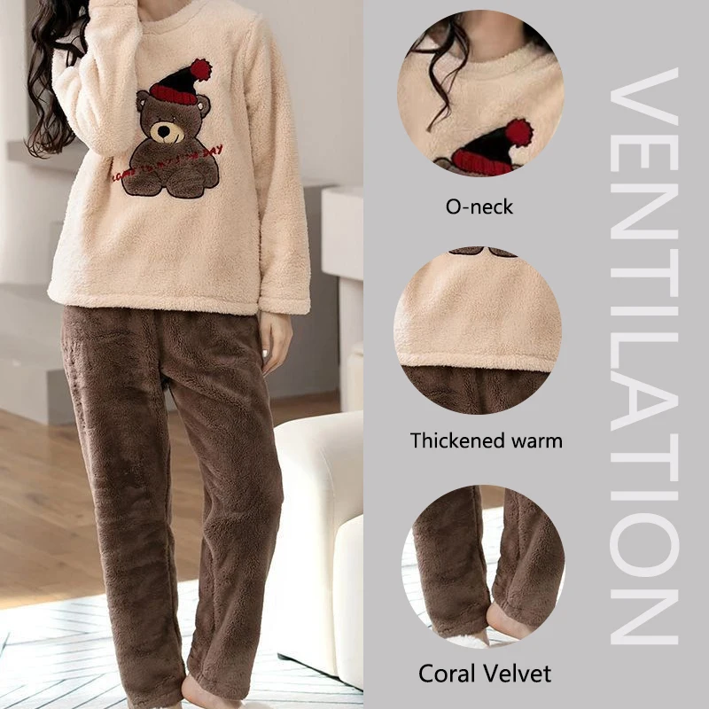 Mulheres tamanho grande Pijama acolchoado, espessado, manga comprida, calça comprida, veludo coral, urso dos desenhos animados, quente, outono, inverno, 2 peças conjunto
