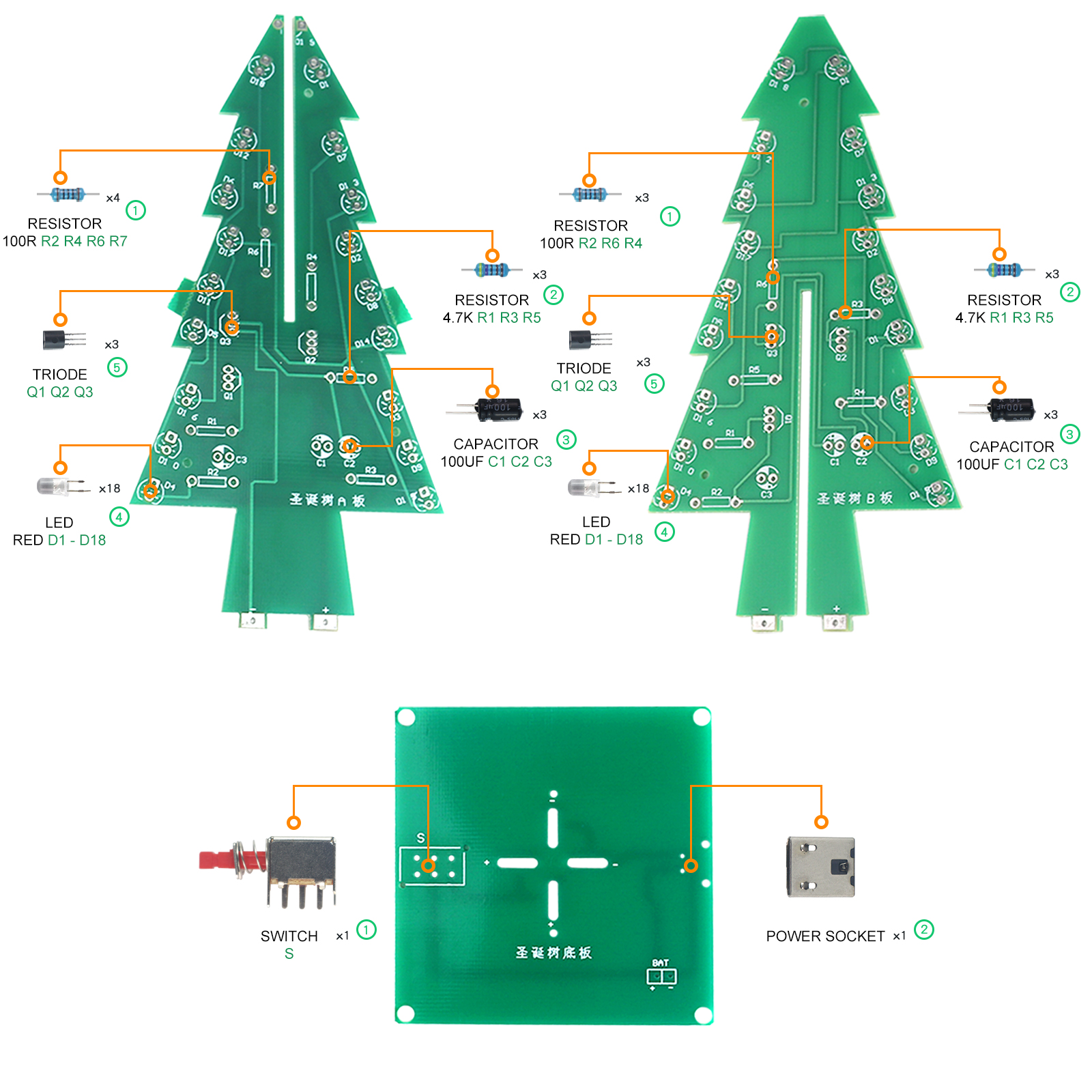 DWC DIY Electronics Kit 3D Christmas Tree Soldering Practice Electronic Science Assembly Kit 3 Color/7 Color Flashing LED PCB