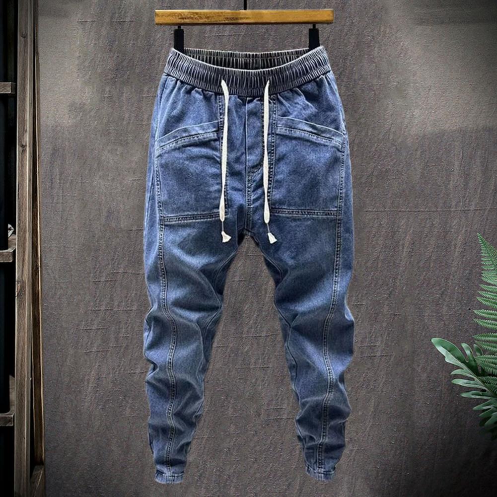 Pantalones vaqueros de cintura elástica para hombre, pantalones Cargo de mezclilla con cordón elástico y bolsillos, pantalones Harem de Color sólido para primavera y otoño