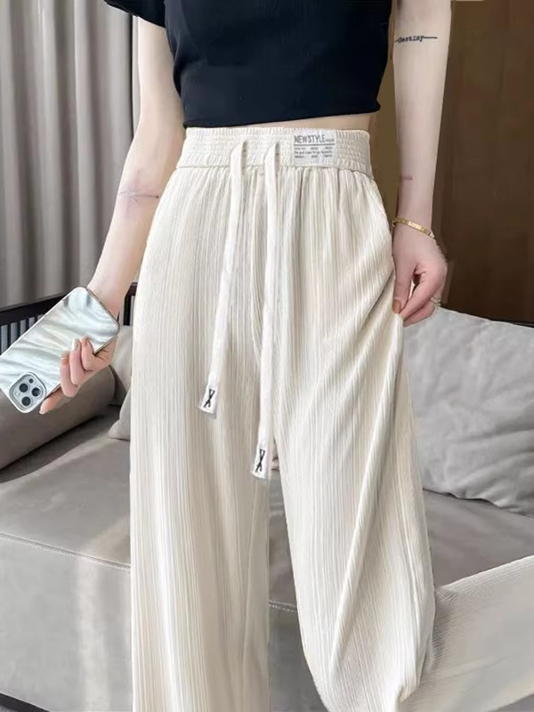 New 2025 Women's Ice Silk Wide Leg Pants High Waist Loose Thin Straight Casual Long Trousers Korean Sle Polyester Fiber