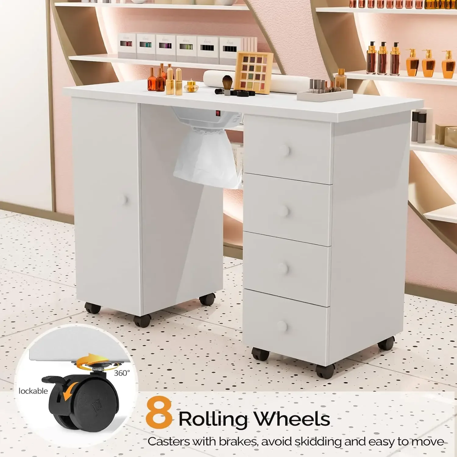 Manicure Table Nail Desk for Nail Tech, Nail Table Beauty Salon Tech Station w/Electric Downdraft Vent, Lockable Wheels