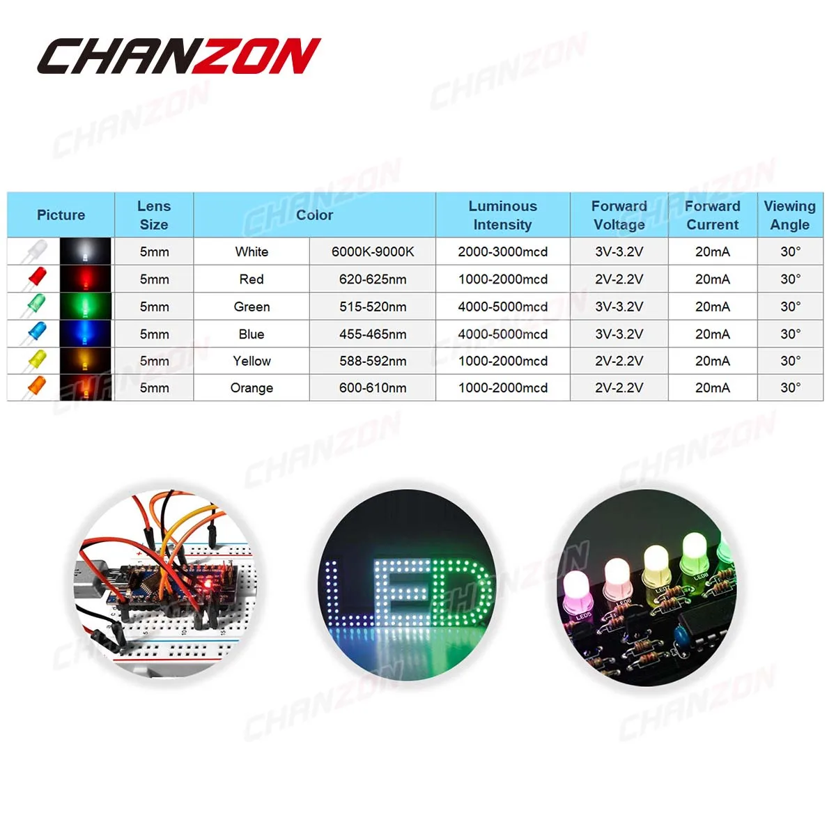 Khuếch Tán 5Mm Led Diode Bộ Trắng Đỏ Xanh Lá Xanh Dương Vàng Cam 2V 3V Ánh Sáng Phát Ra Assortment bộ Tự Làm Arduino Pcb Mạch
