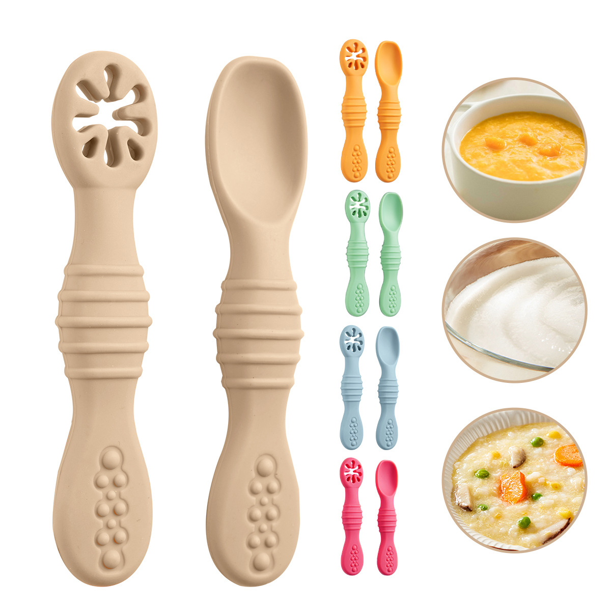 Colher de treinamento de moagem de silicone para bebês, alimentação de bebê, alimentos complementares, pasta de arroz, colher macia de duas cabeças, haste pegajosa para lamber