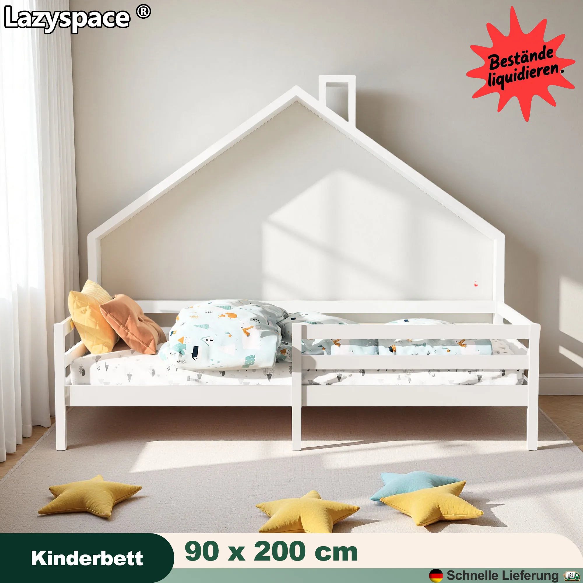 Letto per bambini Lazyspace 90 x 200 cm con protezione anticaduta Robusto letto per albero in legno con rete a doghe per ragazzi e ragazze