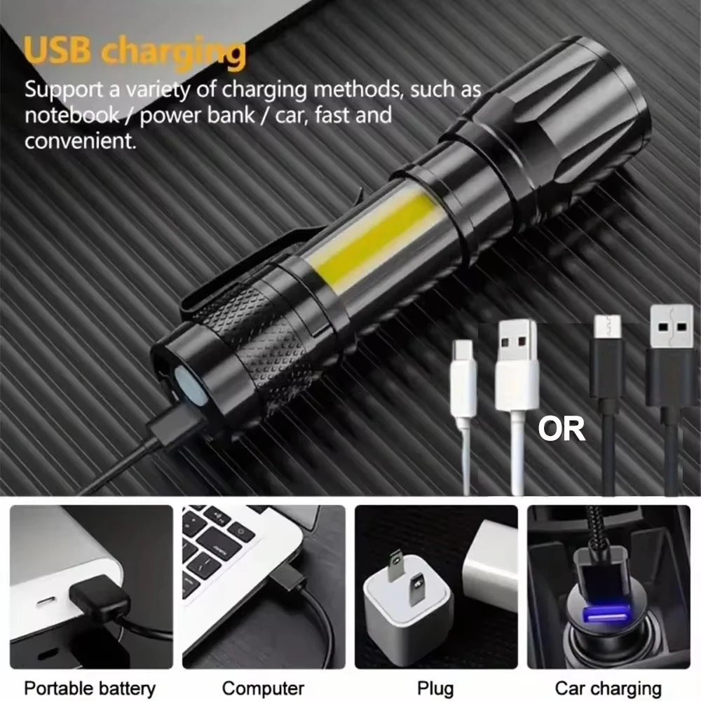 Mini-zaklamp Oplaadbare LED-zaklamp Draagbare USB-oplaadzaklamp High Power Bank Camping Waterdichte langeafstandslantaarn