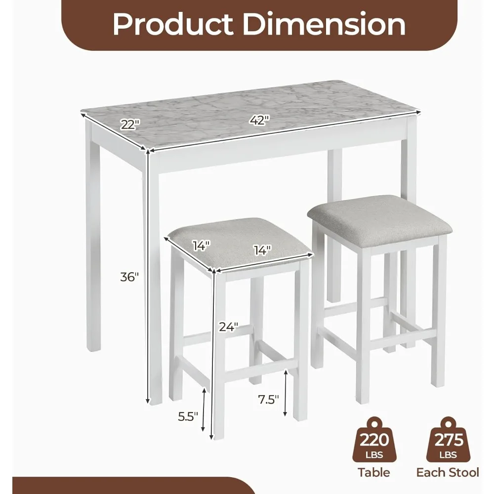 3-Piece Dining Table Set, Counter-Height Bar Table with 2 Upholstered Bar Stools, Rubber Wood Legs, Anti-Slip Foot Pads,