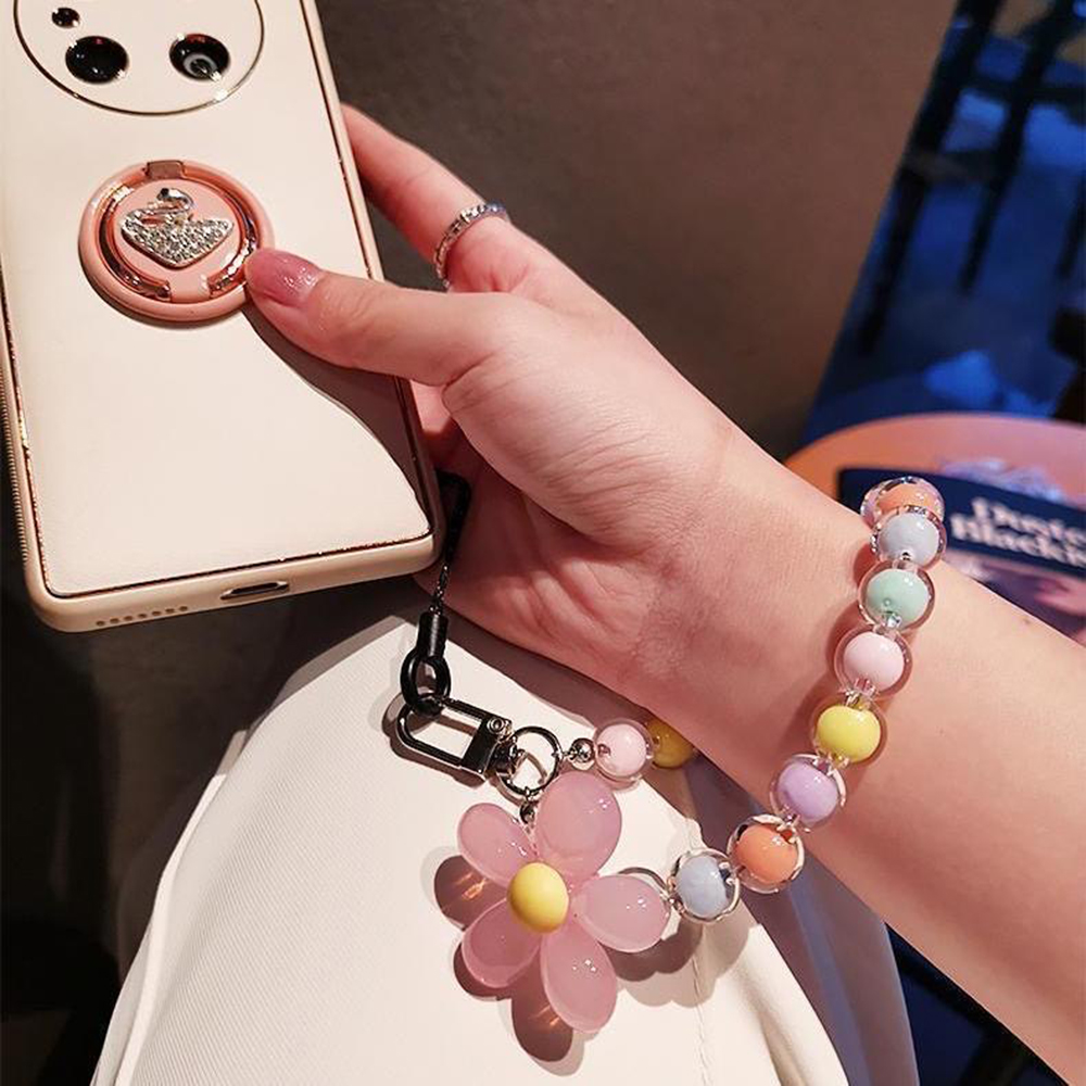 Lanière colorée avec nœud en forme de cœur, Bracelet perlé, fleur, papillon, breloque de téléphone portable, chaînes Anti-perte en acrylique