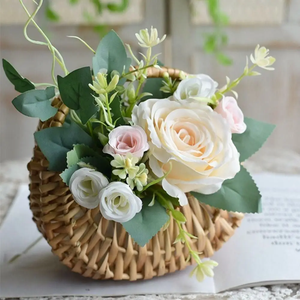 Cesta de boda tejida de ratán de sauce, almacenamiento de media luna de mimbre con asa, cestas de flores resistentes para niñas, contenedor de artículos diversos para Picnic en casa