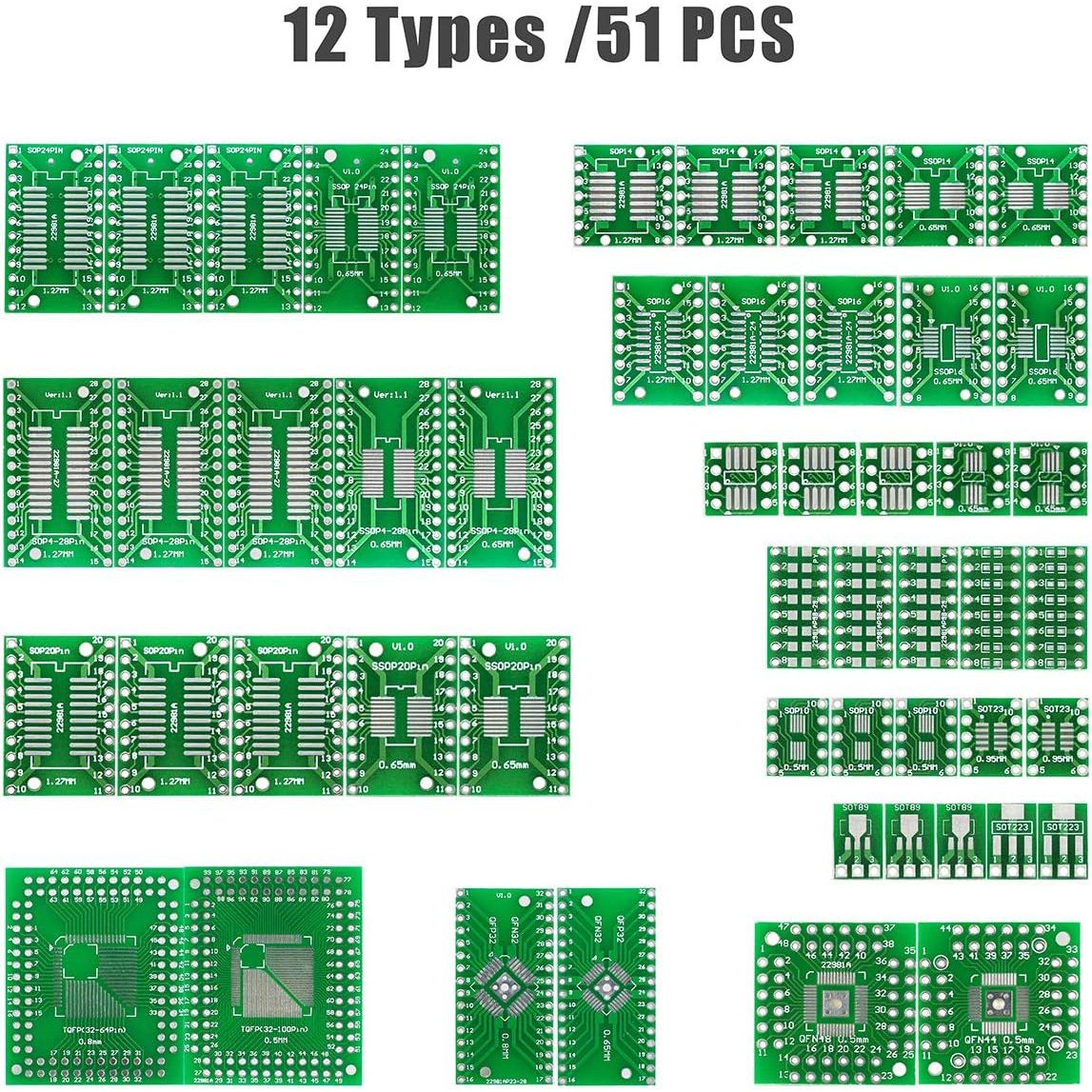 51 Uds 12 tipos SMD a DIP adaptador PCB Proto placa convertidor SOP SOT 0402/0603/0805 TQFP QFN + 40 Uds 2,54mm macho 40 pines