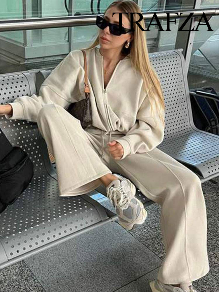 Trafza feminino 2 peças retro cor sólida zíper jaqueta bomber moletom + cintura alta rendas feminino solto calças de veludo terno
