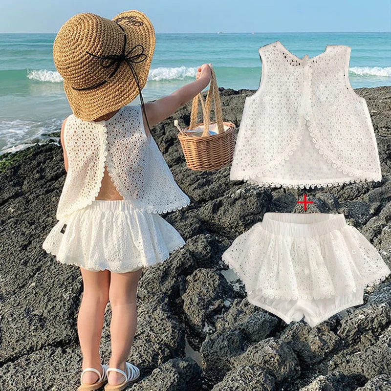 Bé Gái Mùa Hè 2021 Bộ Quần Áo Rỗng Ren Phù Hợp Với Bé Áo Áo Thun + Quần Đùi Trẻ Em Bộ Quần Áo Quần Áo Cho Bé Trang Phục