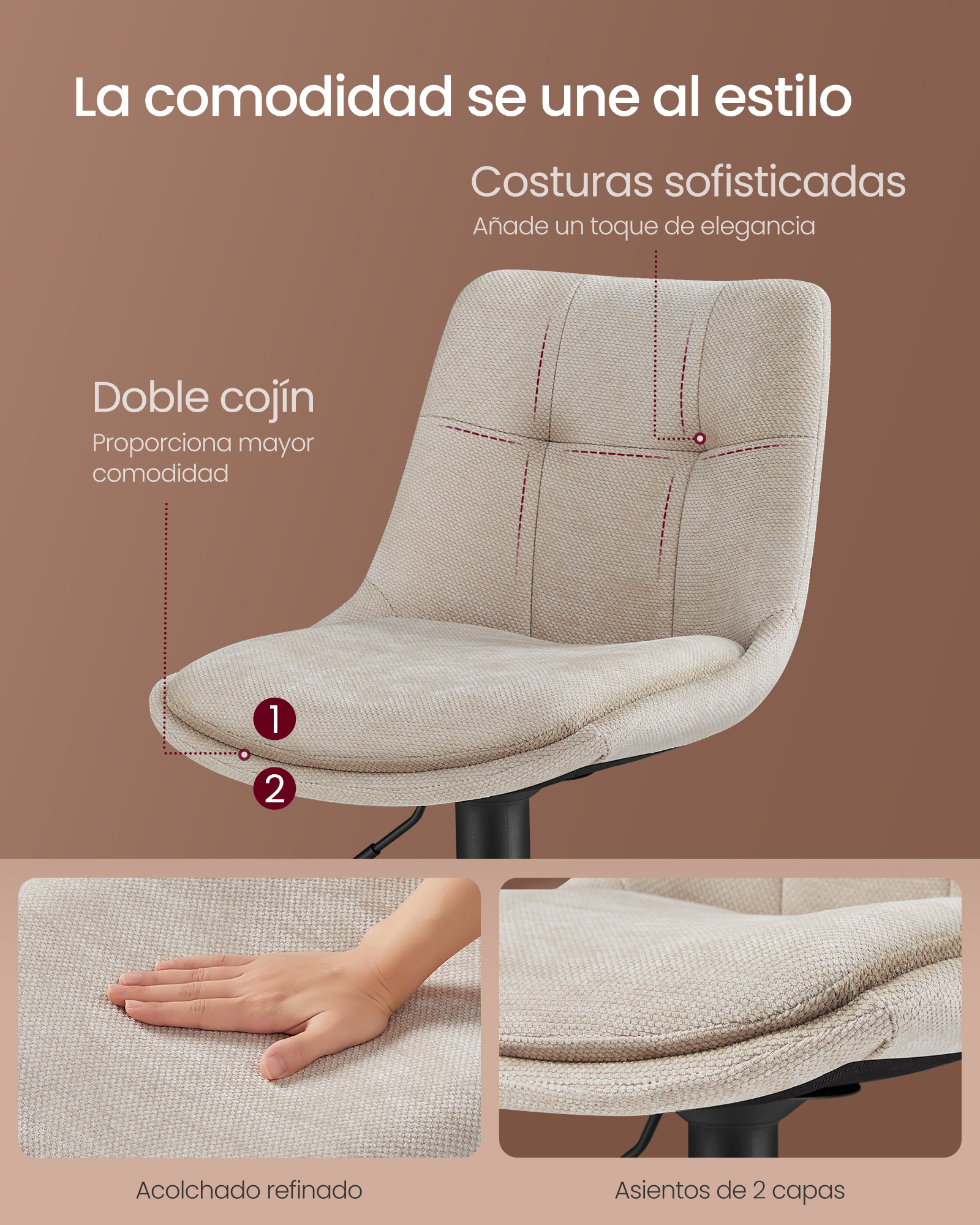 VASAGLE Juego de 2 Taburetes de Bar, Sillas Altas Giratorias Regulables en Altura, Sillas de Cocina con Respaldo y Reposapiés, Comedor, Mostrador, Acero, Marrón Camello