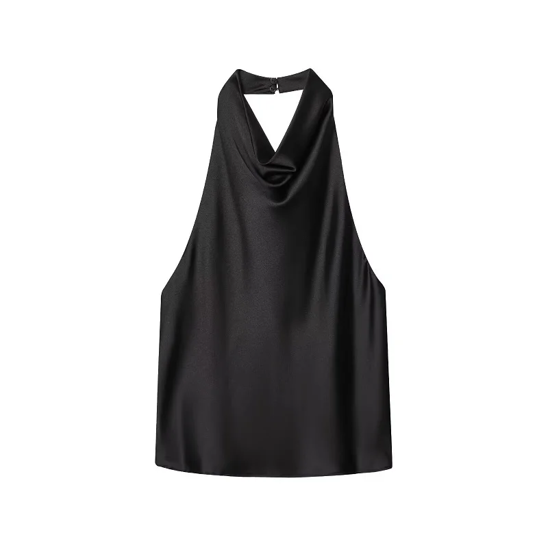 MUJER 2025 Halter Topsผู้หญิงซาตินสีดําBackless Topหญิงสีชมพูฤดูร้อนBeach Topผู้หญิงปิดไหล่Camisole Topผู้หญิง