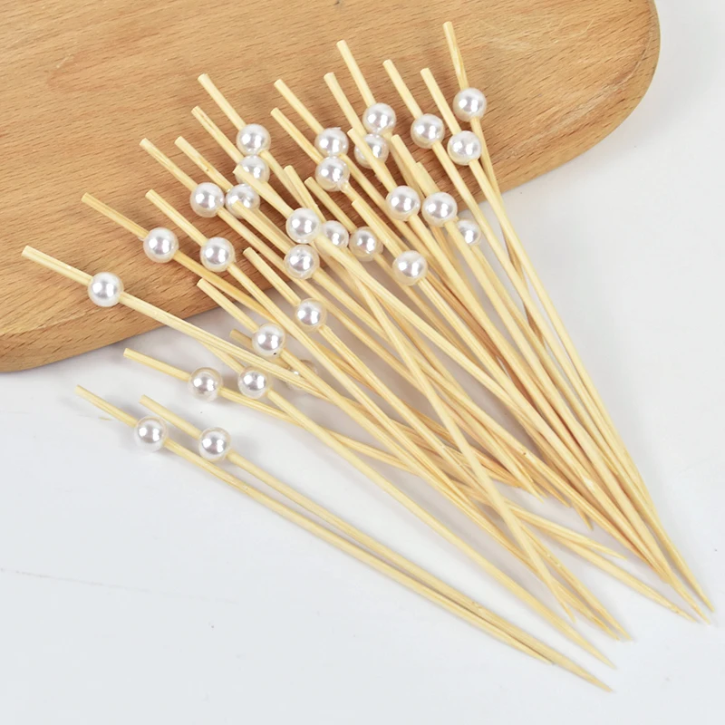 100 ชิ้นงานแต่งงาน Pearl Disposable Skewers อาหารผลไม้ไม้ไผ่ค็อกเทลบุฟเฟ่ต์เค้กไม้จิ้มฟันงานแต่งงานวันเกิด