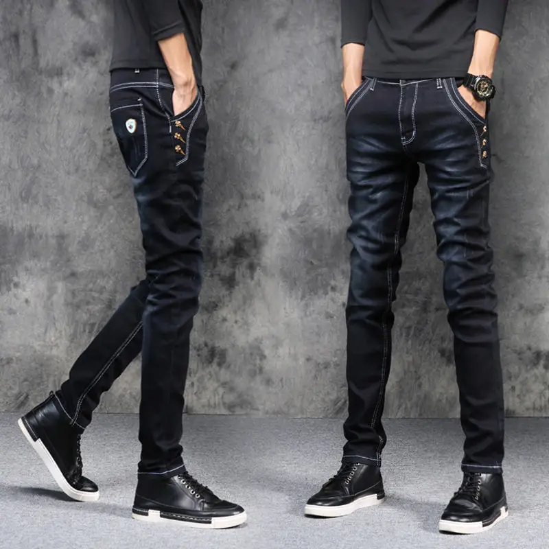 MÙA THU ĐÔNG Chải Da Bò Sang Trọng Mỏng Thiết Kế Quần Áo Nam Phong Cách Hàn Quốc Denim Skinny Sang Trọng Màu Xám Quần Jean Quần Tây Nam