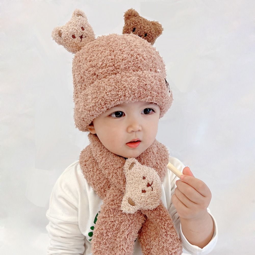 2 pçs dos desenhos animados urso bebê inverno chapéu cachecol conjunto crianças cachecóis quentes de pelúcia malha boné grosso proteção da orelha gorro infantil para menina menino