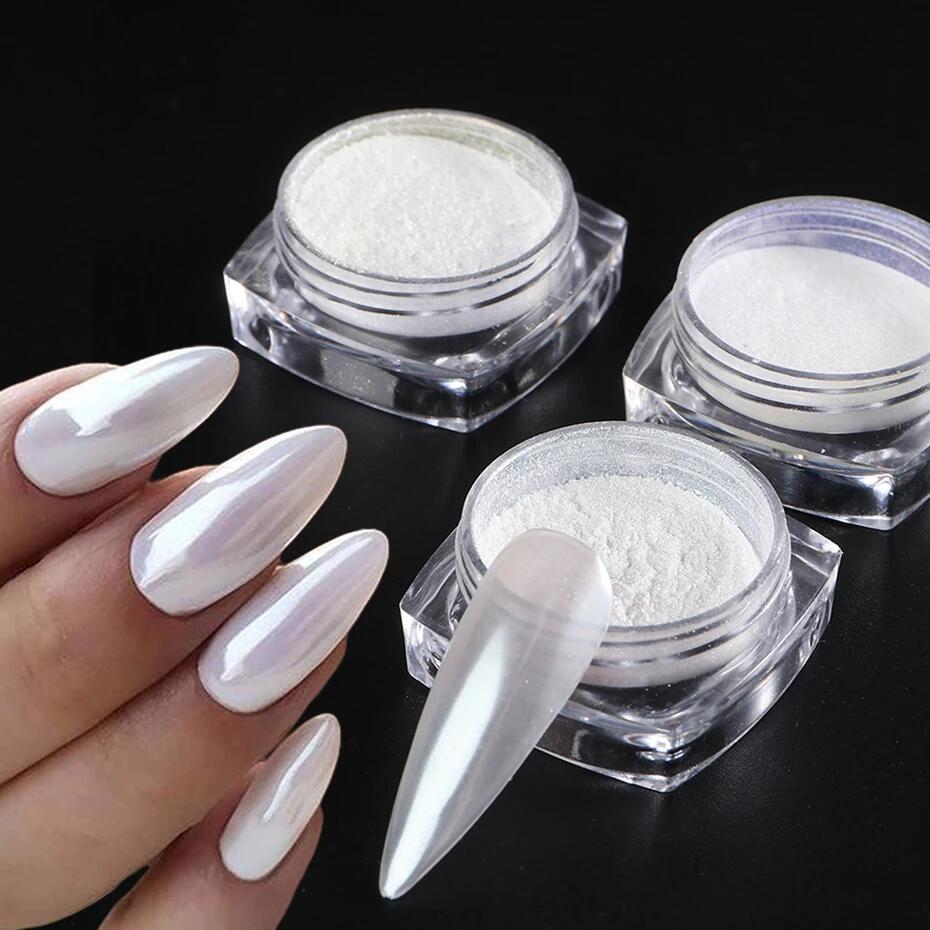 Moonlight Pearl White Nails Glitter Dust Chrome Aurora White Rubbing on Powder Shell Mirror Pigment Nail Art Supplies Dekoration