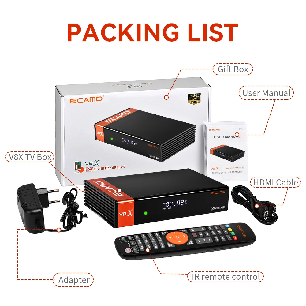 ECAMD V8X Satellite TV Receivers DVB S/S2/S2X 1080P HD Built-in 2.4G WIFI CA Card Slot 2.4G Wifi V8 Nova upgrade GT MEDIA V8X