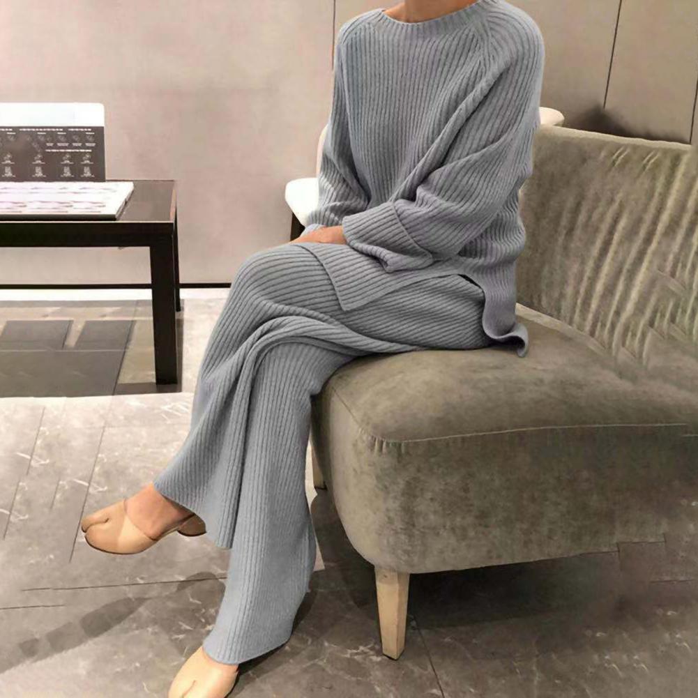 Traje de suéter elegante para mujer, conjunto de dos piezas de punto elegante, jersey y pantalones de gran tamaño para otoño e invierno, trajes femeninos 2022